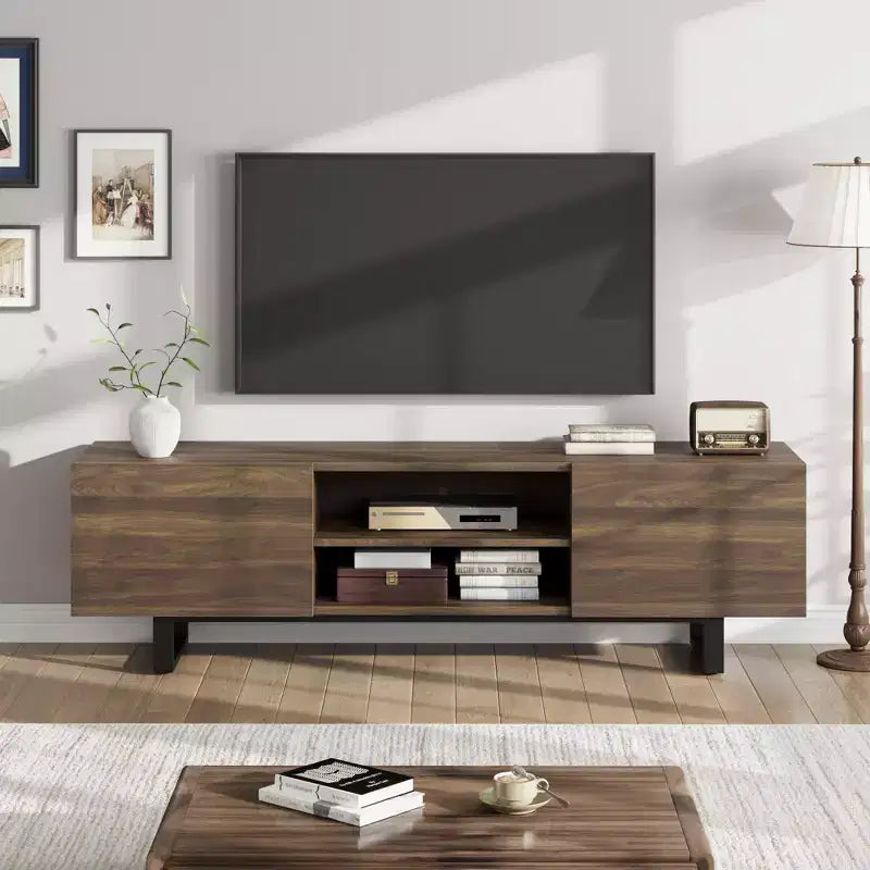 Meuble TV de style industriel avec deux tiroirs, adapté aux téléviseurs de 80 pouces, meuble multimédia en bois pour salons