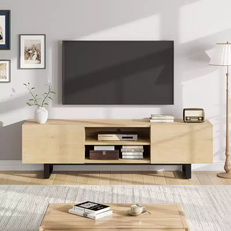 Meuble TV de style industriel avec deux tiroirs, adapté aux téléviseurs de 80 pouces, meuble multimédia en bois pour salons