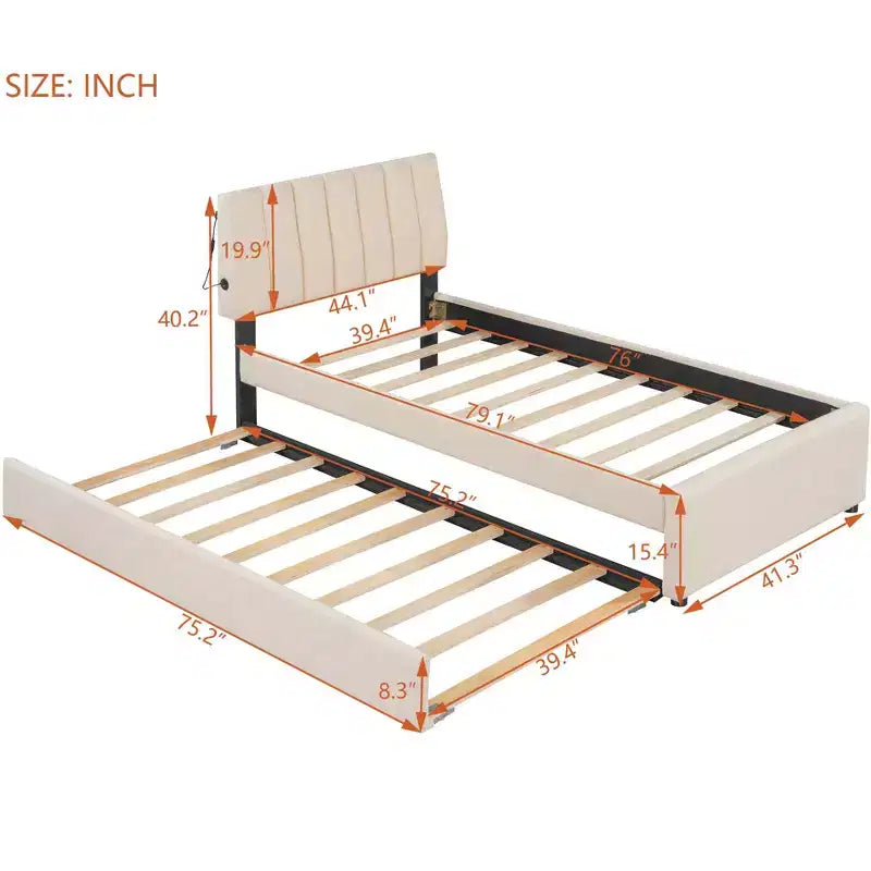 Lit plateforme double rembourré avec cadre de lit gigogne et lumières LED