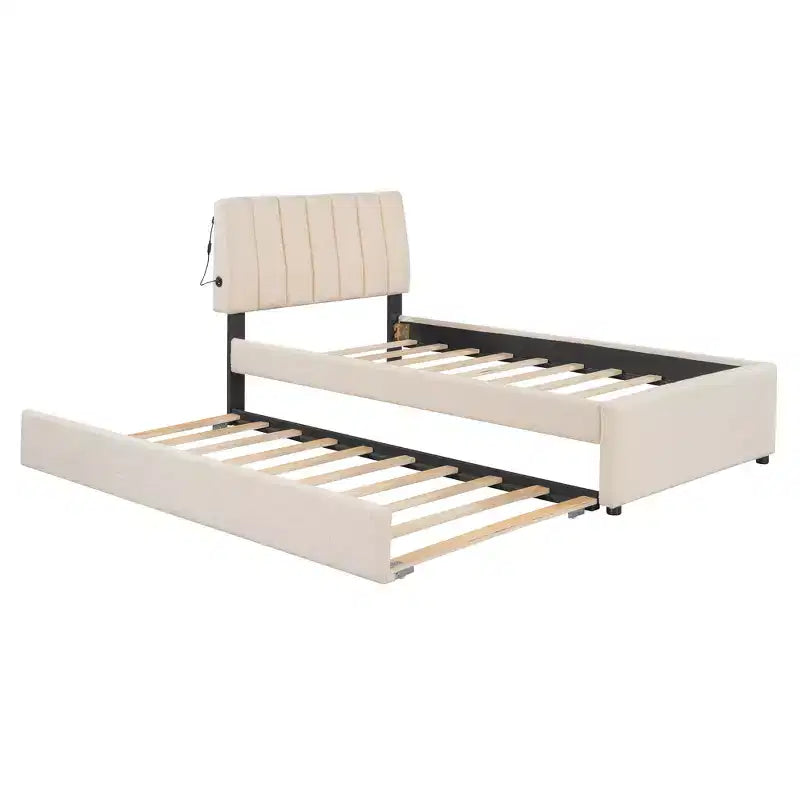 Lit plateforme double rembourré avec cadre de lit gigogne et lumières LED