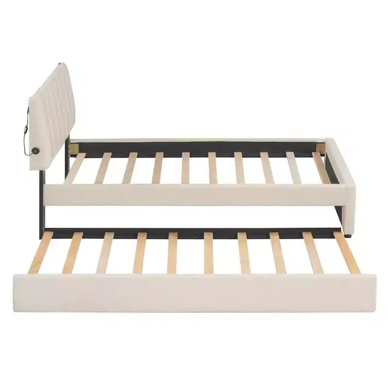 Lit plateforme double rembourré avec cadre de lit gigogne et lumières LED