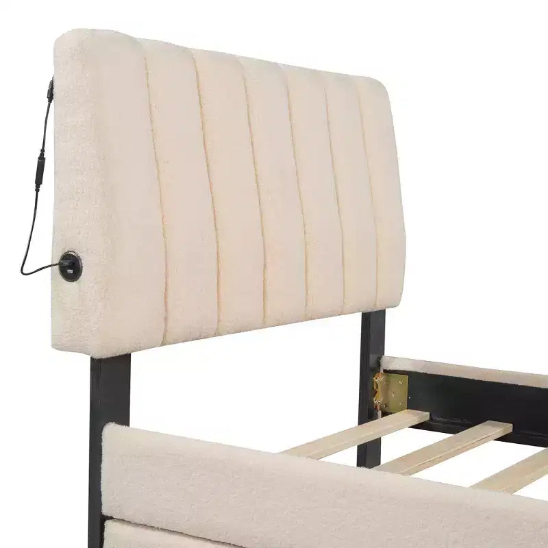 Lit plateforme double rembourré avec cadre de lit gigogne et lumières LED