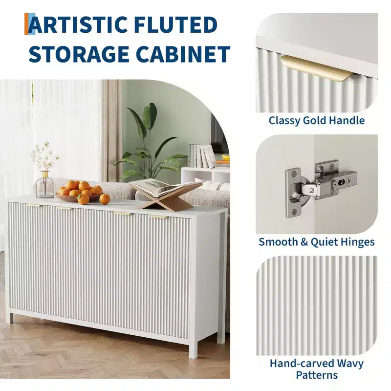 Buffet moderne cannelé de 140 cm avec rangement, crédence en bois à 4 portes avec étagère réglable pour salle à manger, cuisine et salon