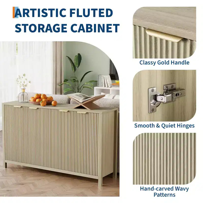 Buffet moderne cannelé de 140 cm avec rangement, crédence en bois à 4 portes avec étagère réglable pour salle à manger, cuisine et salon