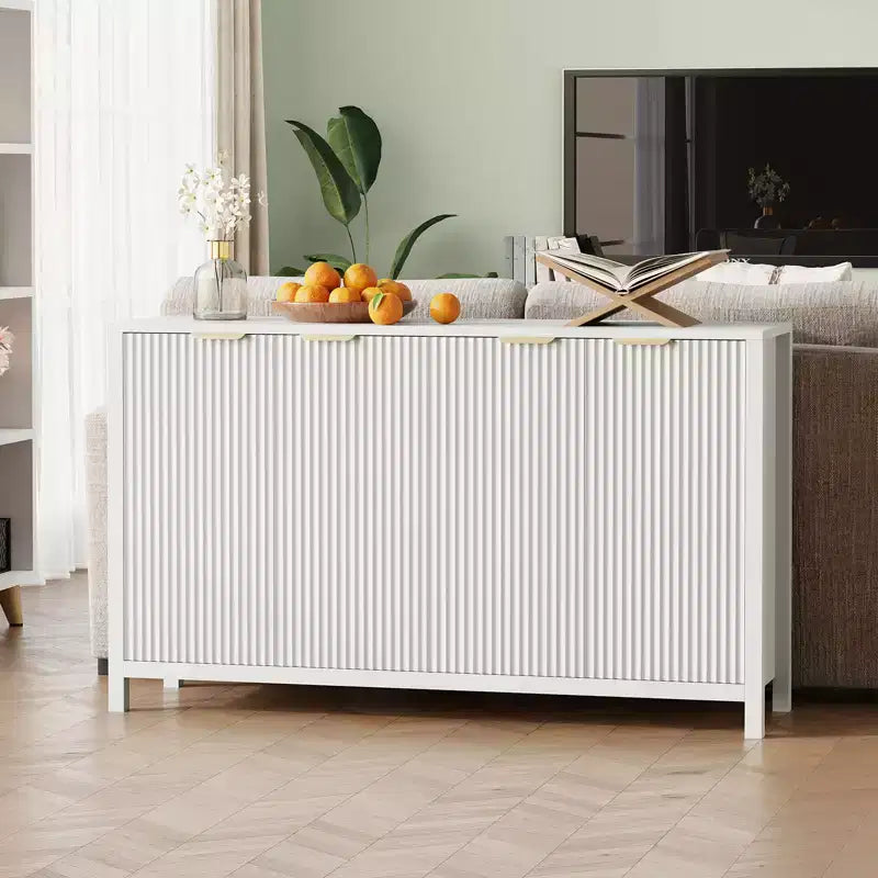 Buffet moderne cannelé de 140 cm avec rangement, crédence en bois à 4 portes avec étagère réglable pour salle à manger, cuisine et salon