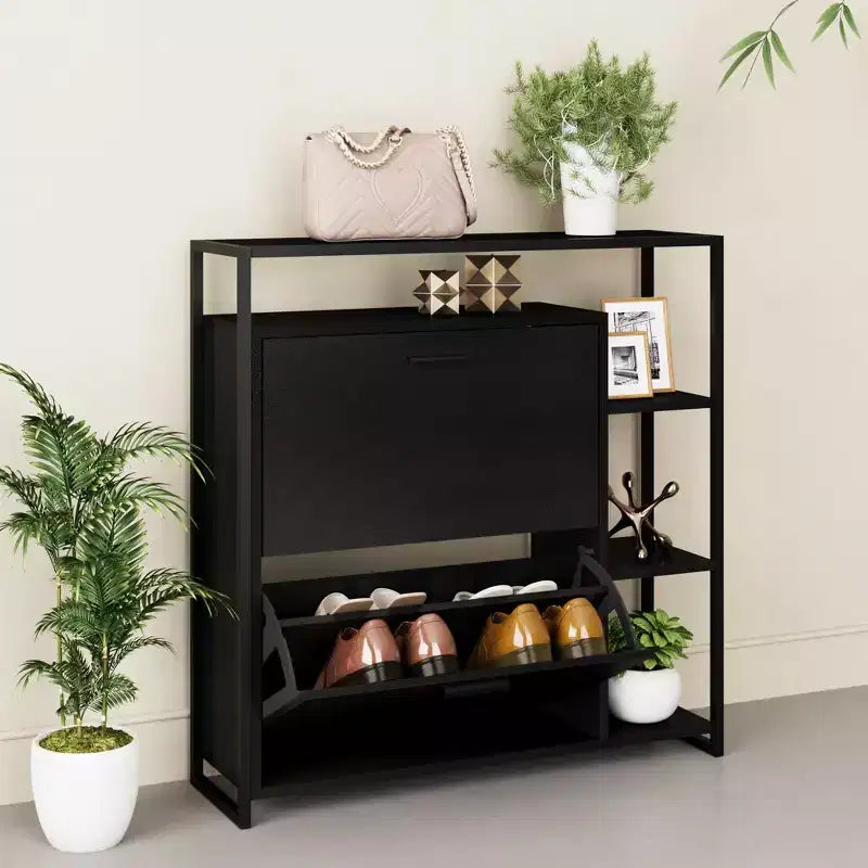 2 - Door Shoe Cabinet with 4 Shelves, Modern Storage Organizer, Black Metal Frame, 2 Flip Drawers