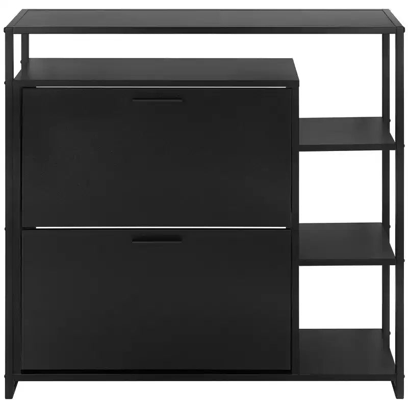 Meuble à chaussures à 2 portes et 4 étagères, Organisateur de rangement moderne, Cadre en métal noir, 2 tiroirs basculants