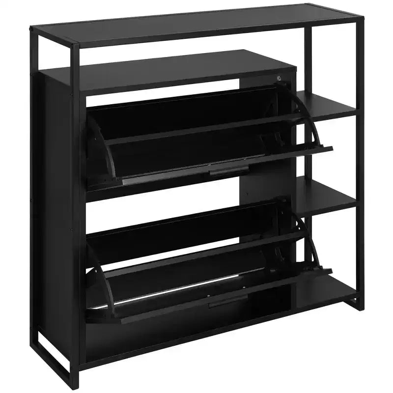 2 - Door Shoe Cabinet with 4 Shelves, Modern Storage Organizer, Black Metal Frame, 2 Flip Drawers