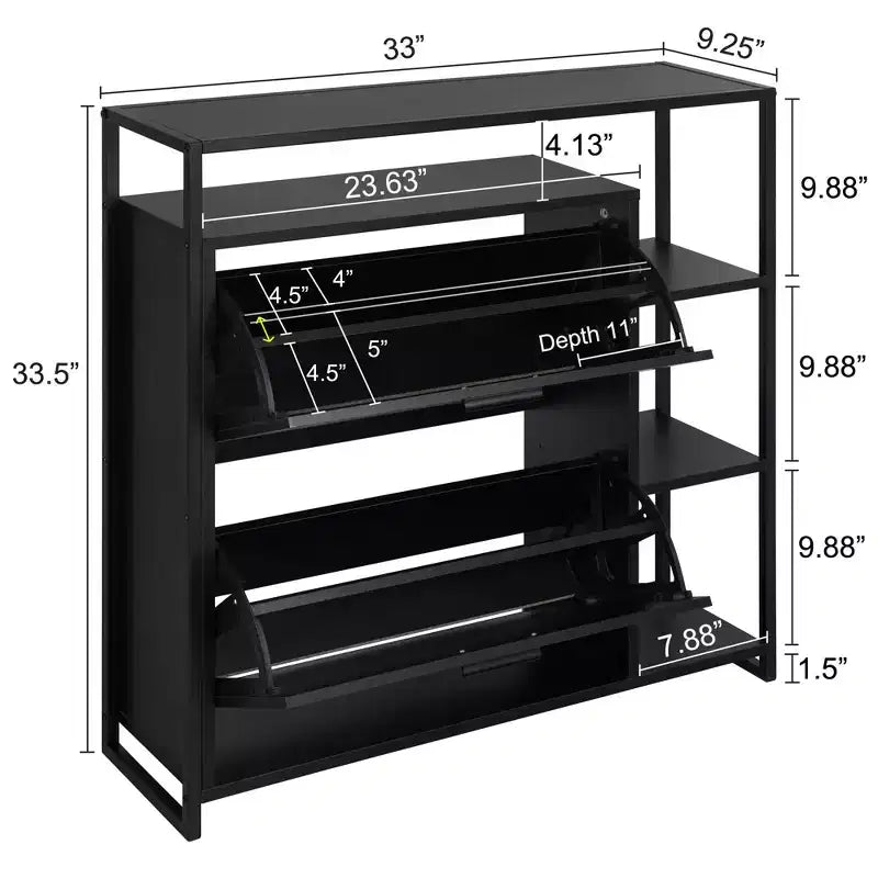 Meuble à chaussures à 2 portes et 4 étagères, Organisateur de rangement moderne, Cadre en métal noir, 2 tiroirs basculants