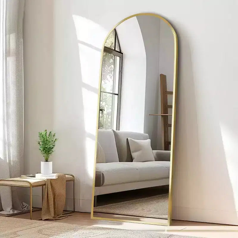 Miroir en pied arqué, avec bord fin en alliage d'aluminium, doré, de 60 x 170 cm avec support pour la décoration murale du salon et de la chambre.