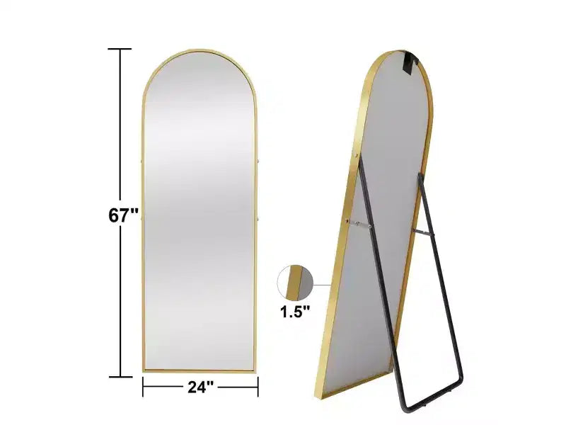 Miroir en pied arqué, avec bord fin en alliage d'aluminium, doré, de 60 x 170 cm avec support pour la décoration murale du salon et de la chambre.