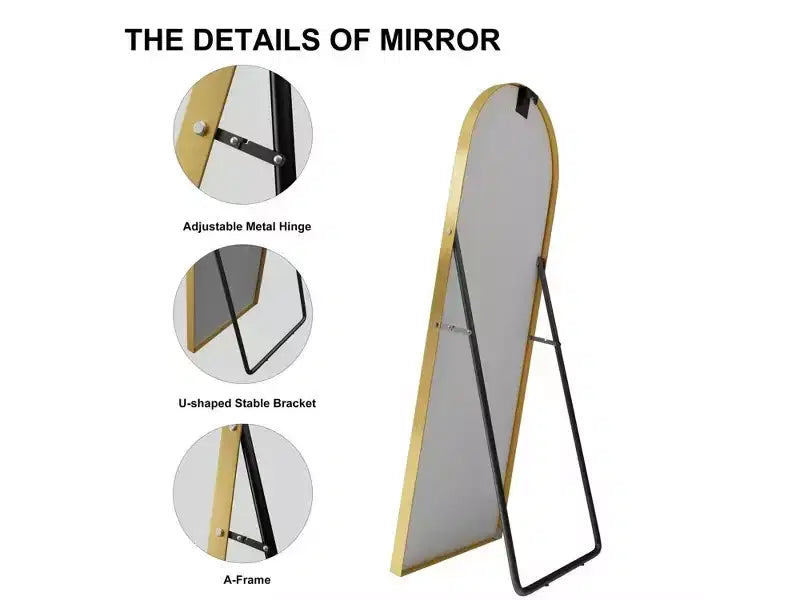 Miroir en pied arqué, avec bord fin en alliage d'aluminium, doré, de 60 x 170 cm avec support pour la décoration murale du salon et de la chambre.