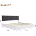 Cadre de lit King Size, Cadre de lit en bois avec tête de lit rembourrée en tissu, Aucun sommier tapissier requis, Lattes en bois robustes, Montage facile, Blanc