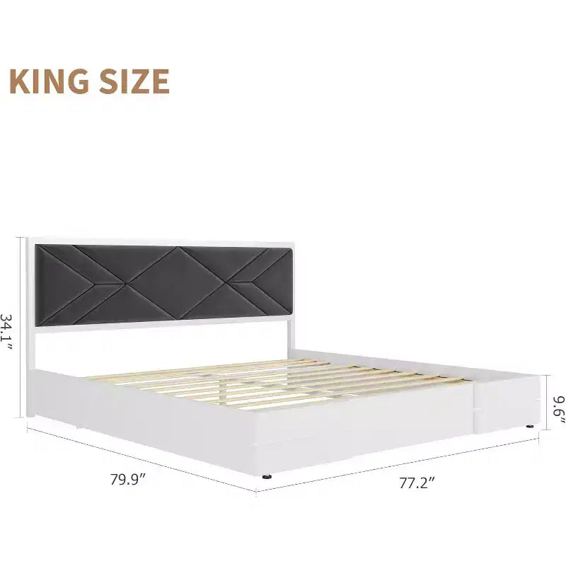 Cadre de lit King Size, Cadre de lit en bois avec tête de lit rembourrée en tissu, Aucun sommier tapissier requis, Lattes en bois robustes, Montage facile, Blanc