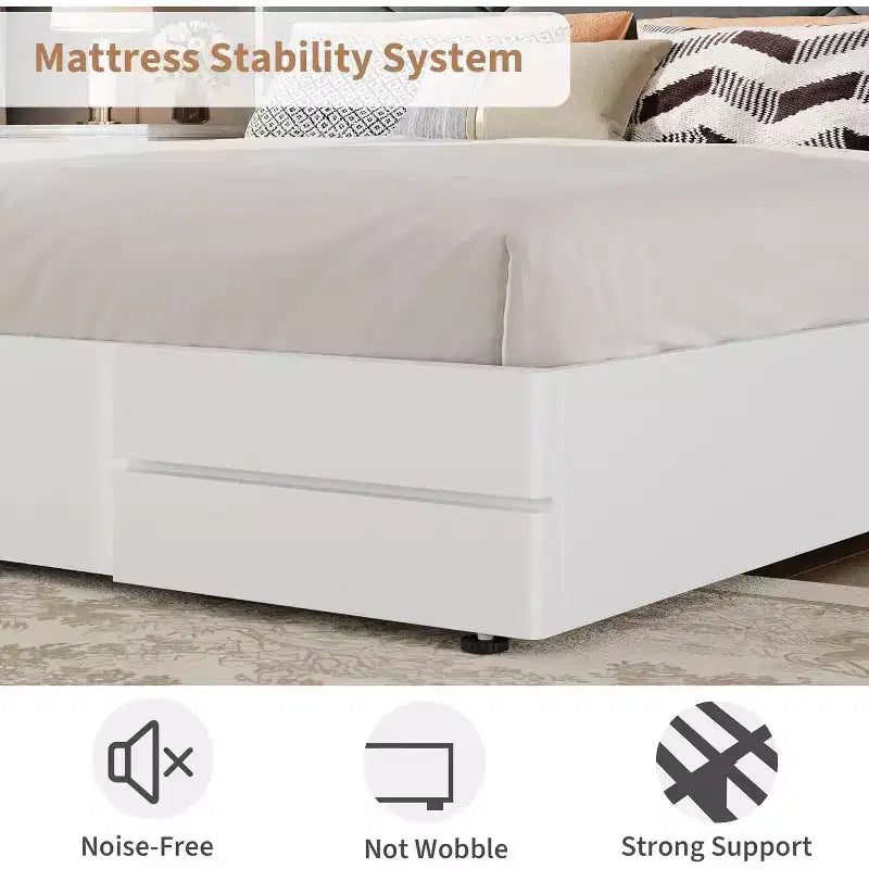 Cadre de lit King Size, Cadre de lit en bois avec tête de lit rembourrée en tissu, Aucun sommier tapissier requis, Lattes en bois robustes, Montage facile, Blanc