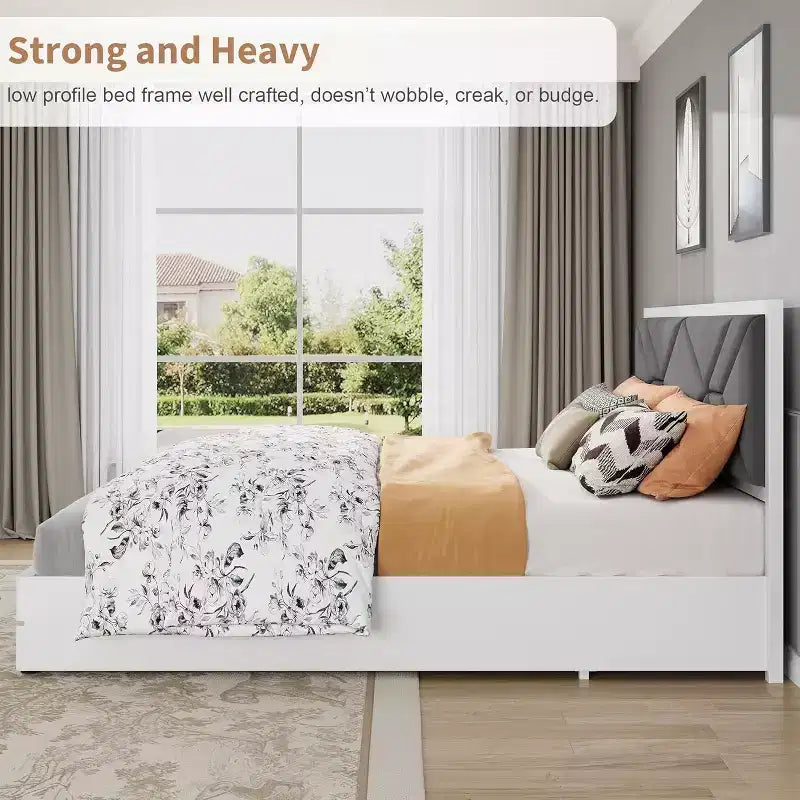 Cadre de lit King Size, Cadre de lit en bois avec tête de lit rembourrée en tissu, Aucun sommier tapissier requis, Lattes en bois robustes, Montage facile, Blanc