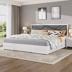 Cadre de lit King Size, Cadre de lit en bois avec tête de lit rembourrée en tissu, Aucun sommier tapissier requis, Lattes en bois robustes, Montage facile, Blanc