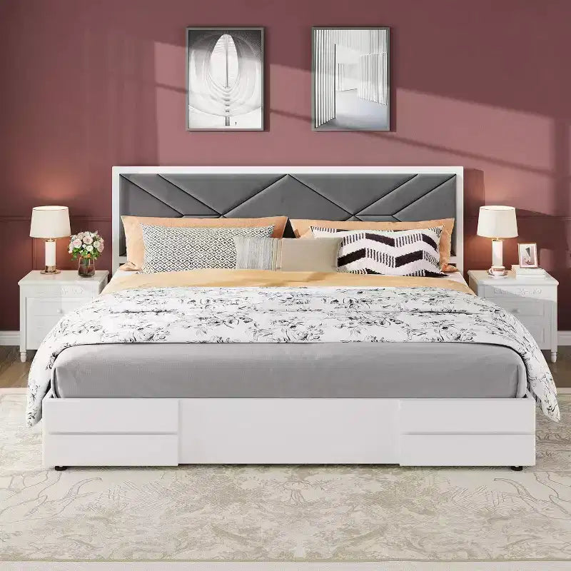 Cadre de lit King Size, Cadre de lit en bois avec tête de lit rembourrée en tissu, Aucun sommier tapissier requis, Lattes en bois robustes, Montage facile, Blanc