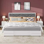 Cadre de lit King Size, Cadre de lit en bois avec tête de lit rembourrée en tissu, Aucun sommier tapissier requis, Lattes en bois robustes, Montage facile, Blanc