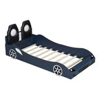 Lit de course pour garçons (taille jumeau), lit en forme de voiture avec lumière LED et dossier rembourré, cadre de lit plateforme en bois pour enfants