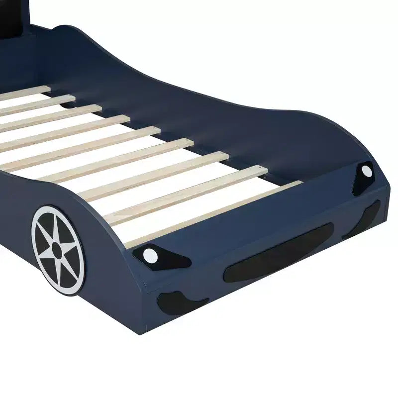 Lit de course pour garçons (taille jumeau), lit en forme de voiture avec lumière LED et dossier rembourré, cadre de lit plateforme en bois pour enfants