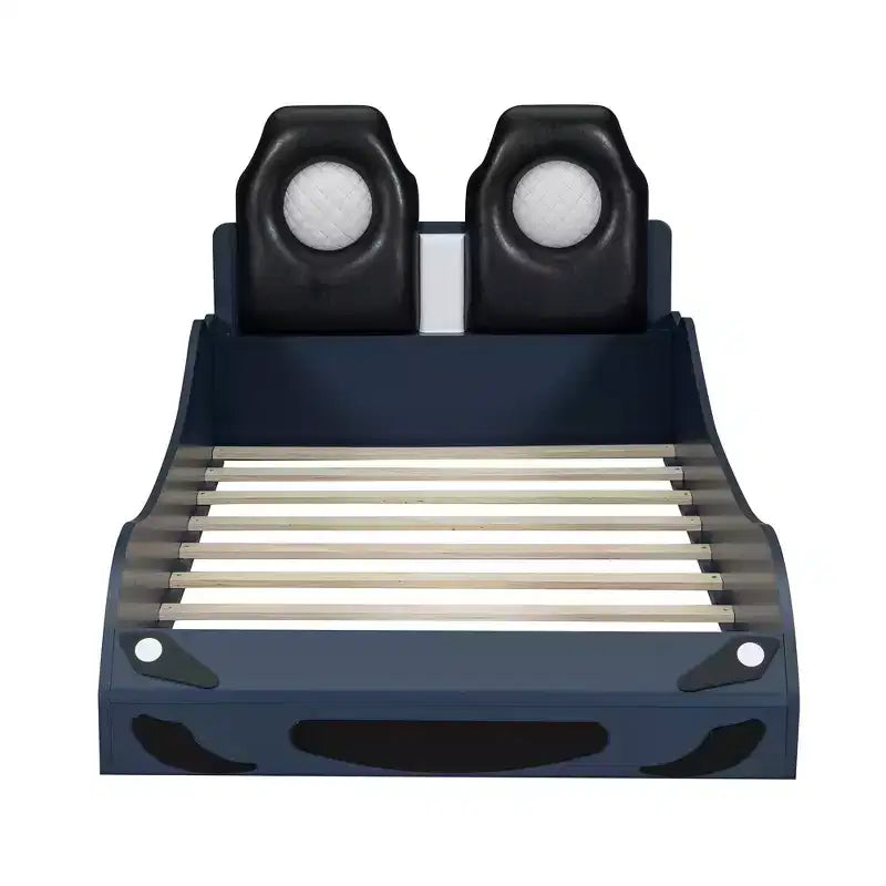Lit de course pour garçons (taille jumeau), lit en forme de voiture avec lumière LED et dossier rembourré, cadre de lit plateforme en bois pour enfants