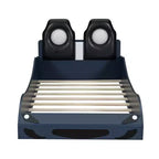 Lit de course pour garçons (taille jumeau), lit en forme de voiture avec lumière LED et dossier rembourré, cadre de lit plateforme en bois pour enfants