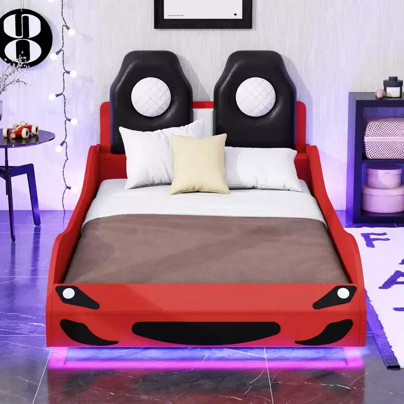 Lit de course pour garçons (taille jumeau), lit en forme de voiture avec lumière LED et dossier rembourré, cadre de lit plateforme en bois pour enfants