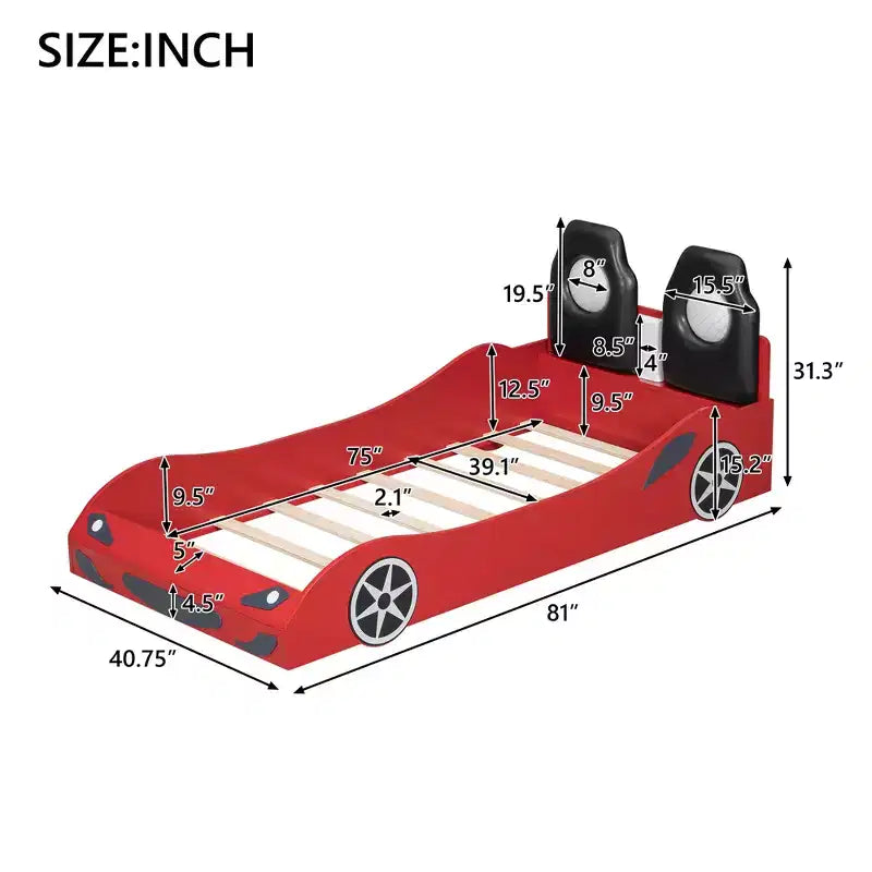 Lit de course pour garçons (taille jumeau), lit en forme de voiture avec lumière LED et dossier rembourré, cadre de lit plateforme en bois pour enfants