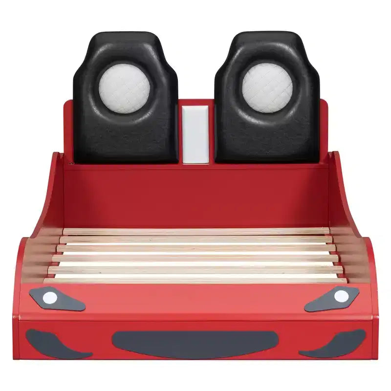 Lit de course pour garçons (taille jumeau), lit en forme de voiture avec lumière LED et dossier rembourré, cadre de lit plateforme en bois pour enfants