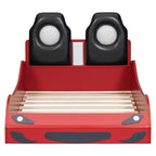Lit de course pour garçons (taille jumeau), lit en forme de voiture avec lumière LED et dossier rembourré, cadre de lit plateforme en bois pour enfants