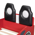 Lit de course pour garçons (taille jumeau), lit en forme de voiture avec lumière LED et dossier rembourré, cadre de lit plateforme en bois pour enfants