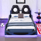 Lit de course pour garçons (taille jumeau), lit en forme de voiture avec lumière LED et dossier rembourré, cadre de lit plateforme en bois pour enfants