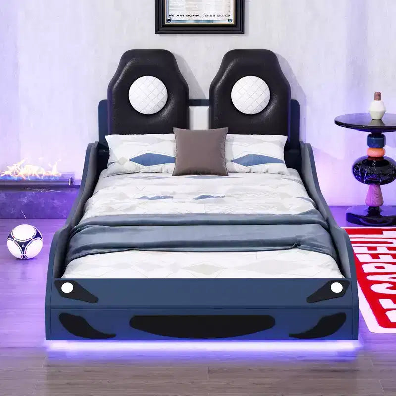 Lit de course pour garçons (taille jumeau), lit en forme de voiture avec lumière LED et dossier rembourré, cadre de lit plateforme en bois pour enfants