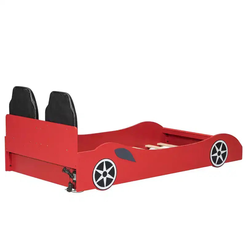 Lit de course pour garçons (taille jumeau), lit en forme de voiture avec lumière LED et dossier rembourré, cadre de lit plateforme en bois pour enfants