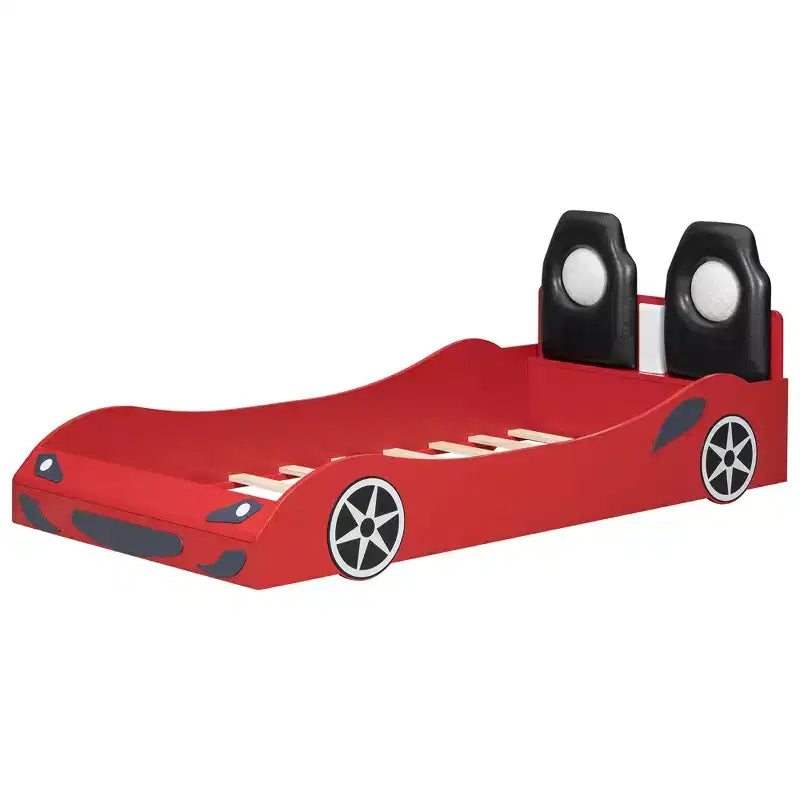 Lit de course pour garçons (taille jumeau), lit en forme de voiture avec lumière LED et dossier rembourré, cadre de lit plateforme en bois pour enfants