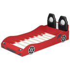 Lit de course pour garçons (taille jumeau), lit en forme de voiture avec lumière LED et dossier rembourré, cadre de lit plateforme en bois pour enfants