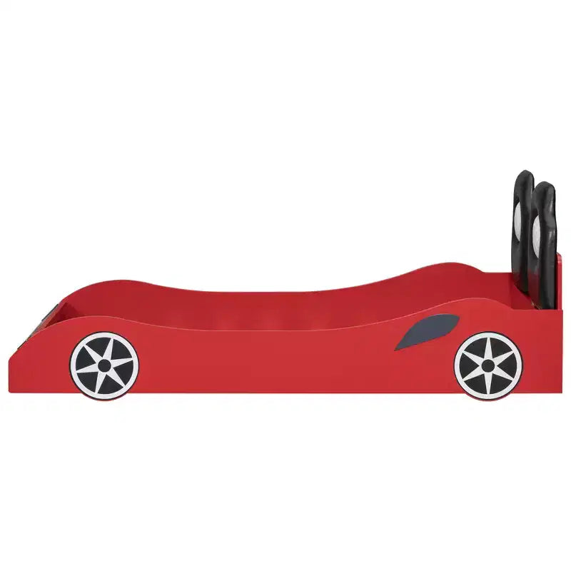 Lit de course pour garçons (taille jumeau), lit en forme de voiture avec lumière LED et dossier rembourré, cadre de lit plateforme en bois pour enfants