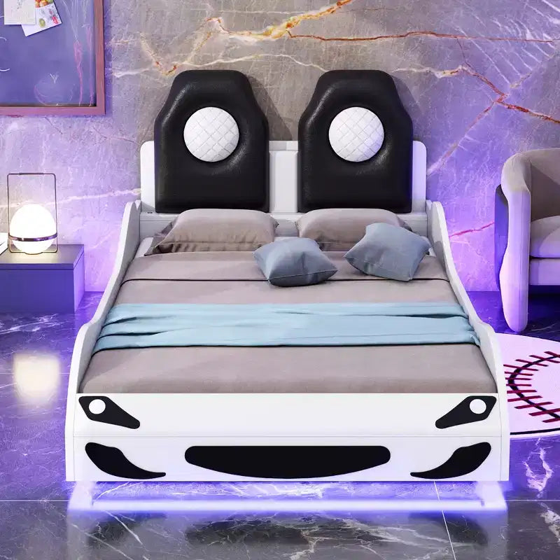Lit de course pour garçons (taille jumeau), lit en forme de voiture avec lumière LED et dossier rembourré, cadre de lit plateforme en bois pour enfants