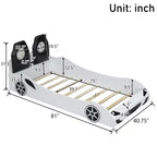 Lit de course pour garçons (taille jumeau), lit en forme de voiture avec lumière LED et dossier rembourré, cadre de lit plateforme en bois pour enfants