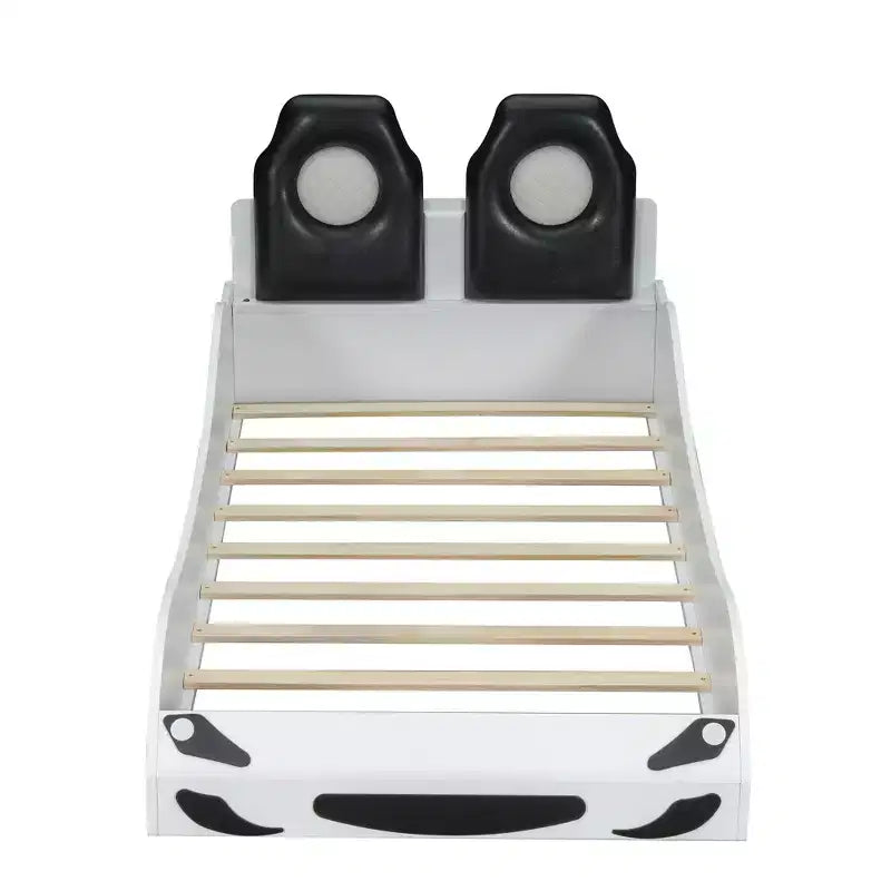 Lit de course pour garçons (taille jumeau), lit en forme de voiture avec lumière LED et dossier rembourré, cadre de lit plateforme en bois pour enfants