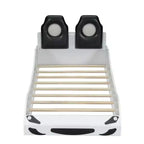 Lit de course pour garçons (taille jumeau), lit en forme de voiture avec lumière LED et dossier rembourré, cadre de lit plateforme en bois pour enfants