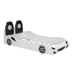 Lit de course pour garçons (taille jumeau), lit en forme de voiture avec lumière LED et dossier rembourré, cadre de lit plateforme en bois pour enfants