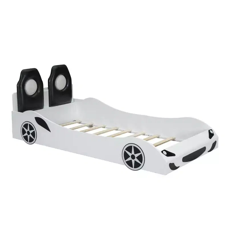 Lit de course pour garçons (taille jumeau), lit en forme de voiture avec lumière LED et dossier rembourré, cadre de lit plateforme en bois pour enfants