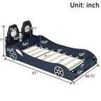Lit de course pour garçons (taille jumeau), lit en forme de voiture avec lumière LED et dossier rembourré, cadre de lit plateforme en bois pour enfants