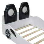 Lit de course pour garçons (taille jumeau), lit en forme de voiture avec lumière LED et dossier rembourré, cadre de lit plateforme en bois pour enfants