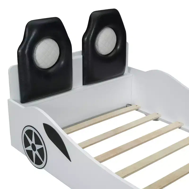 Lit de course pour garçons (taille jumeau), lit en forme de voiture avec lumière LED et dossier rembourré, cadre de lit plateforme en bois pour enfants