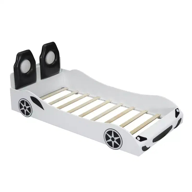 Lit de course pour garçons (taille jumeau), lit en forme de voiture avec lumière LED et dossier rembourré, cadre de lit plateforme en bois pour enfants