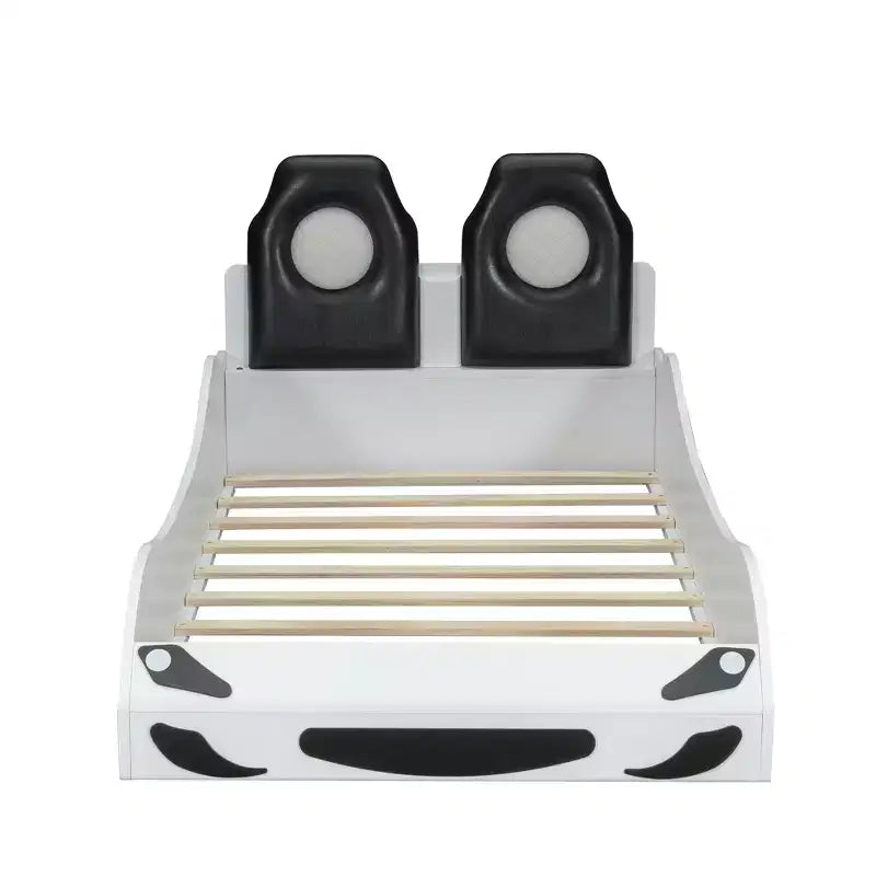 Lit de course pour garçons (taille jumeau), lit en forme de voiture avec lumière LED et dossier rembourré, cadre de lit plateforme en bois pour enfants