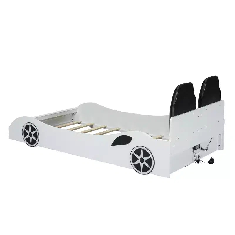 Lit de course pour garçons (taille jumeau), lit en forme de voiture avec lumière LED et dossier rembourré, cadre de lit plateforme en bois pour enfants